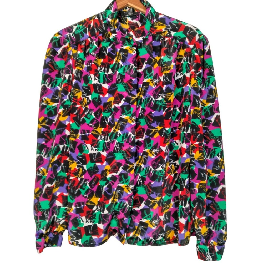 Vintage Gianna Blouse Size 14 Colorful Abstract Crinkle Long Sleeve High Neck